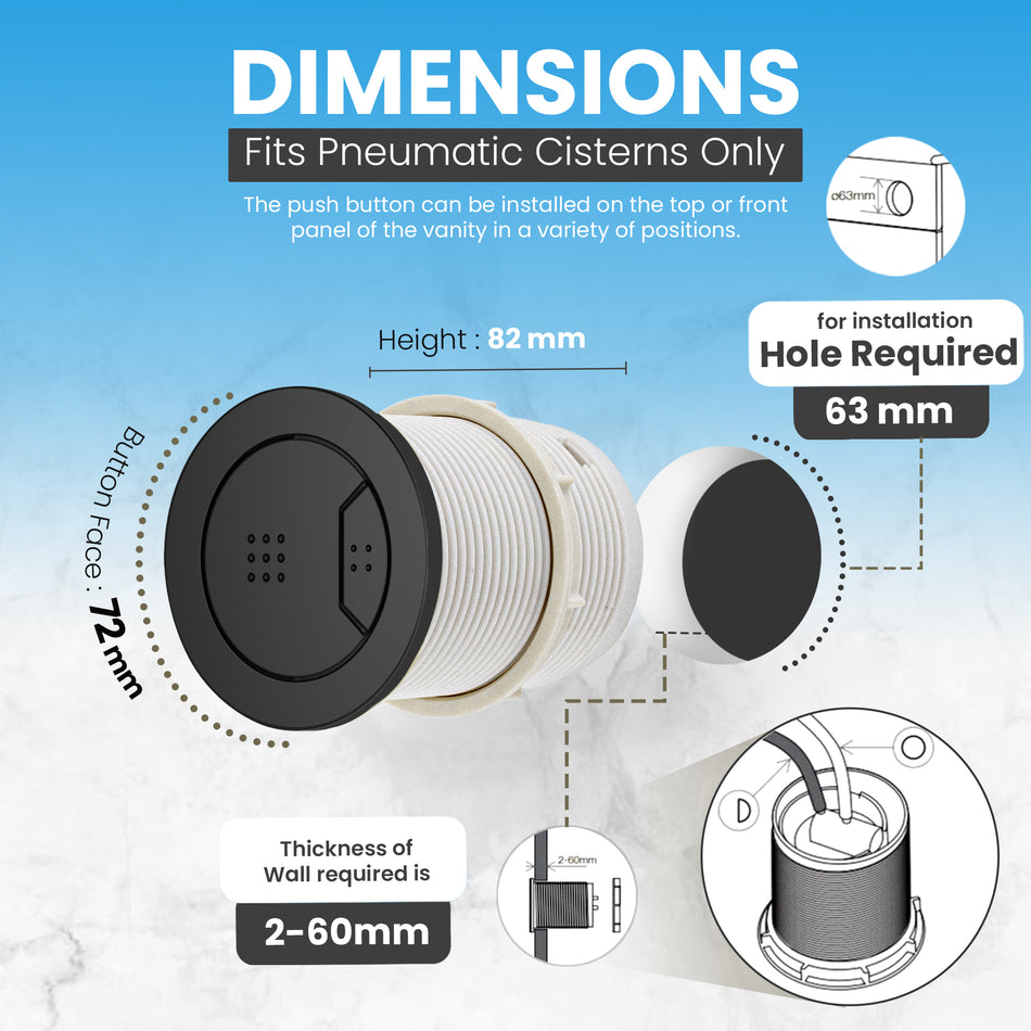 Toilet Flush Button - Pneumatic Technology - 72mm Front Matt Black