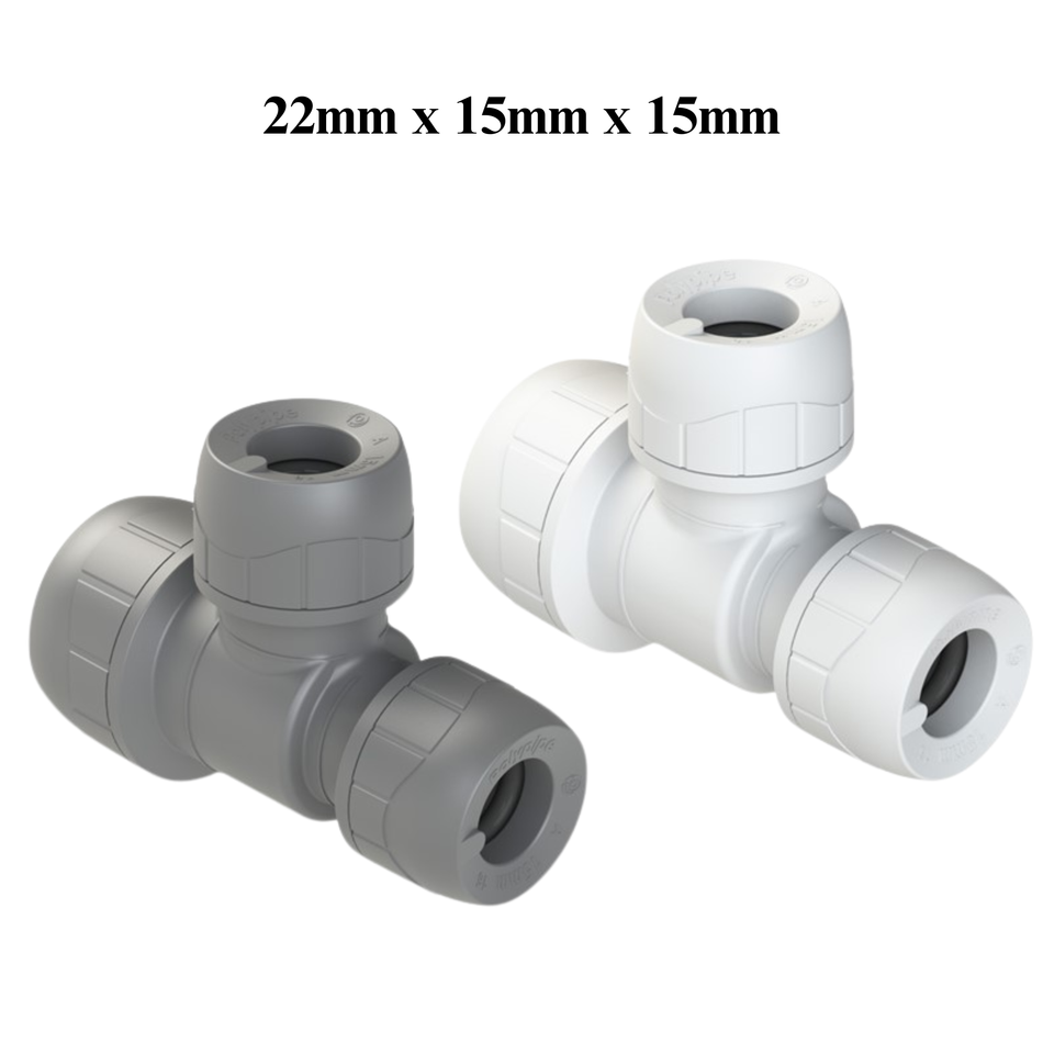 Polypipe Polyplumb PB1522 – 22mm x 15mm x 15mm Brass Tee Push-Fit Fitting (Pack of 5)