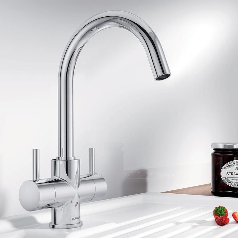 Blanco CAMIA Twin Lever High C-Shaped Spout Kitchen Mixer Tap - Chrome