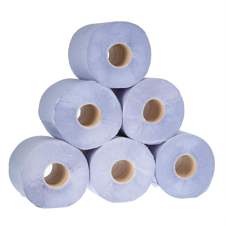 Centrefeed Blue Roll Paper Towels - 2 Ply Recycled Wiping Paper, Embossed Pattern -Commercial & Kitchen -120mm Length per Roll, Pack of 6