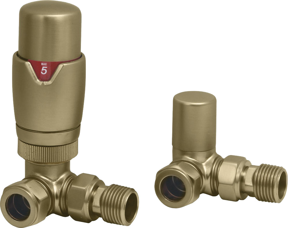 Thermostatic Modern Radiator Valves & Lockshield – Angled 1/2" x 15mm | Brushed Brass