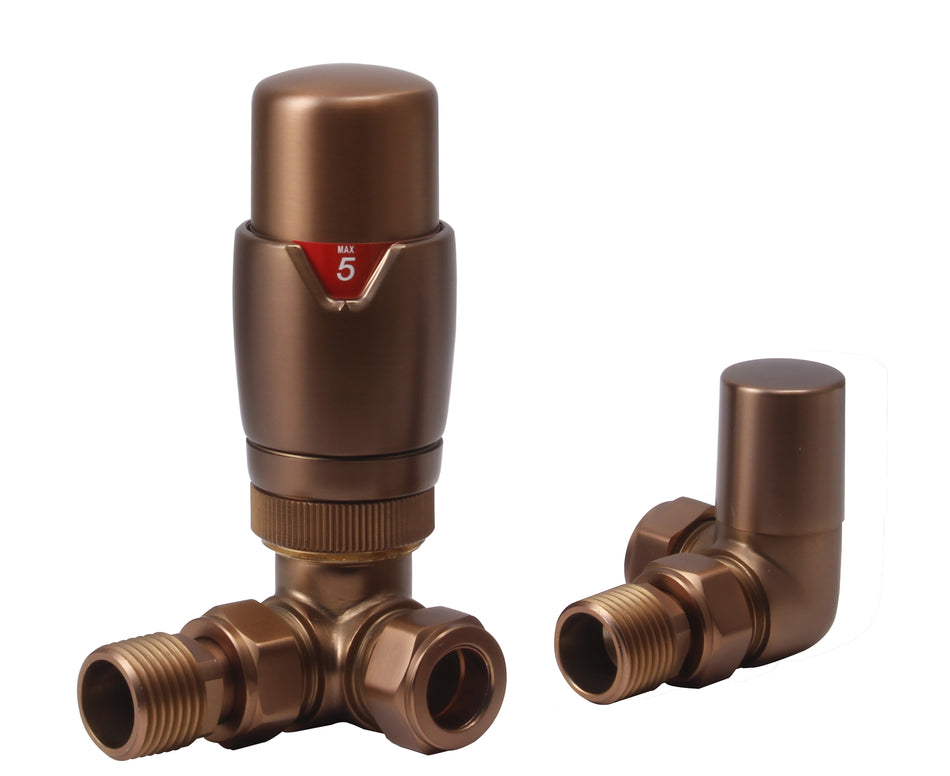 Thermostatic Modern Radiator Valves & Lockshield – Angled 1/2" x 15mm | Brushed Bronze