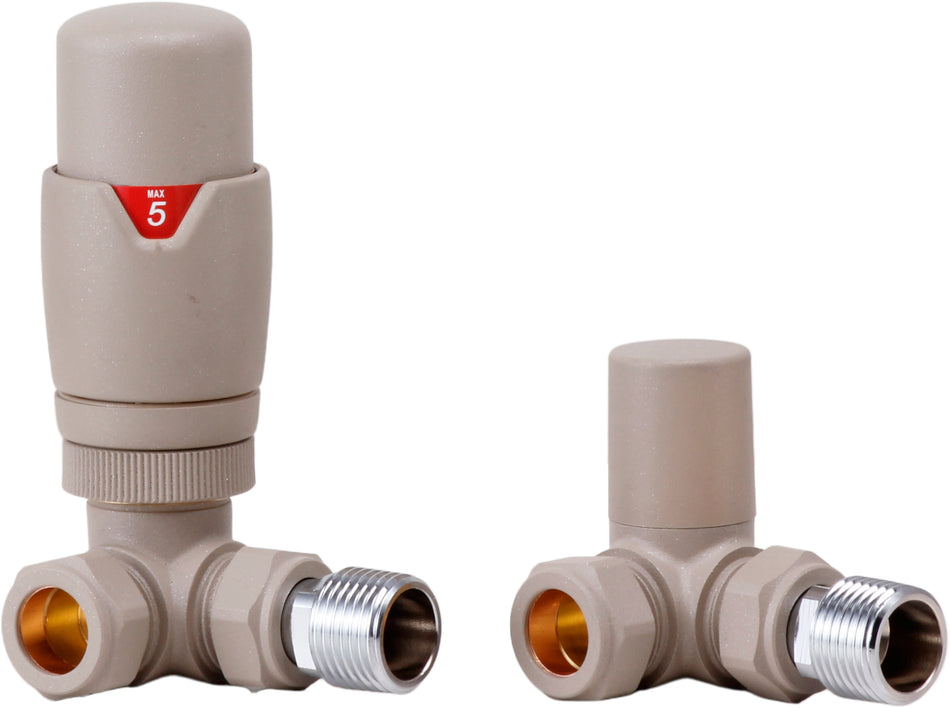 Thermostatic Modern Radiator Valves & Lockshield – Angled 1/2" x 15mm | CAPPUCCINO