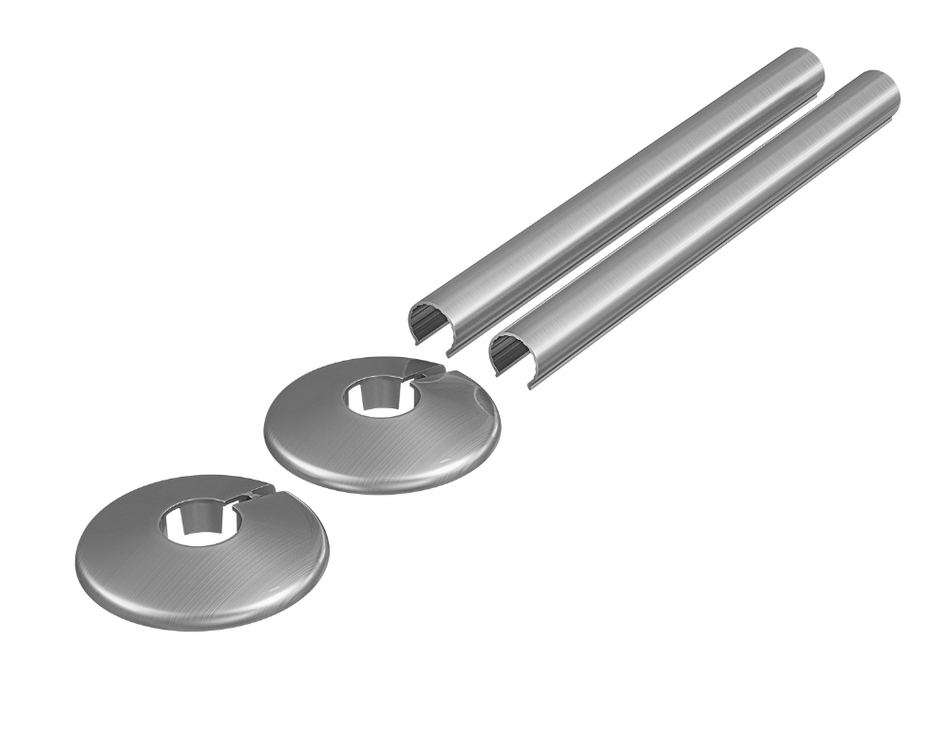 Satin Brushed Nickel Radiator Pipe Covers & Collars 15mm x 300mm Length | 2 Pack Clip-On Metal Pipe Sleeves for Radiator Pipes