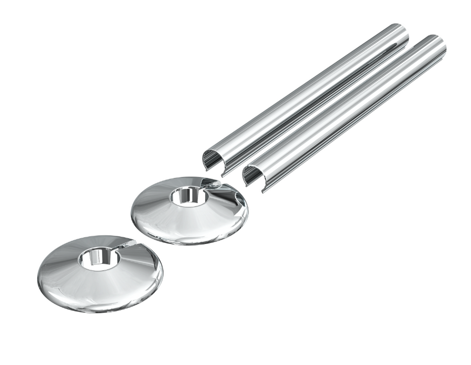 Chrome Radiator Pipe Covers & Collars 15mm x 200mm Length | 2 Pack Clip-On Metal Pipe Sleeves for Radiator Pipes