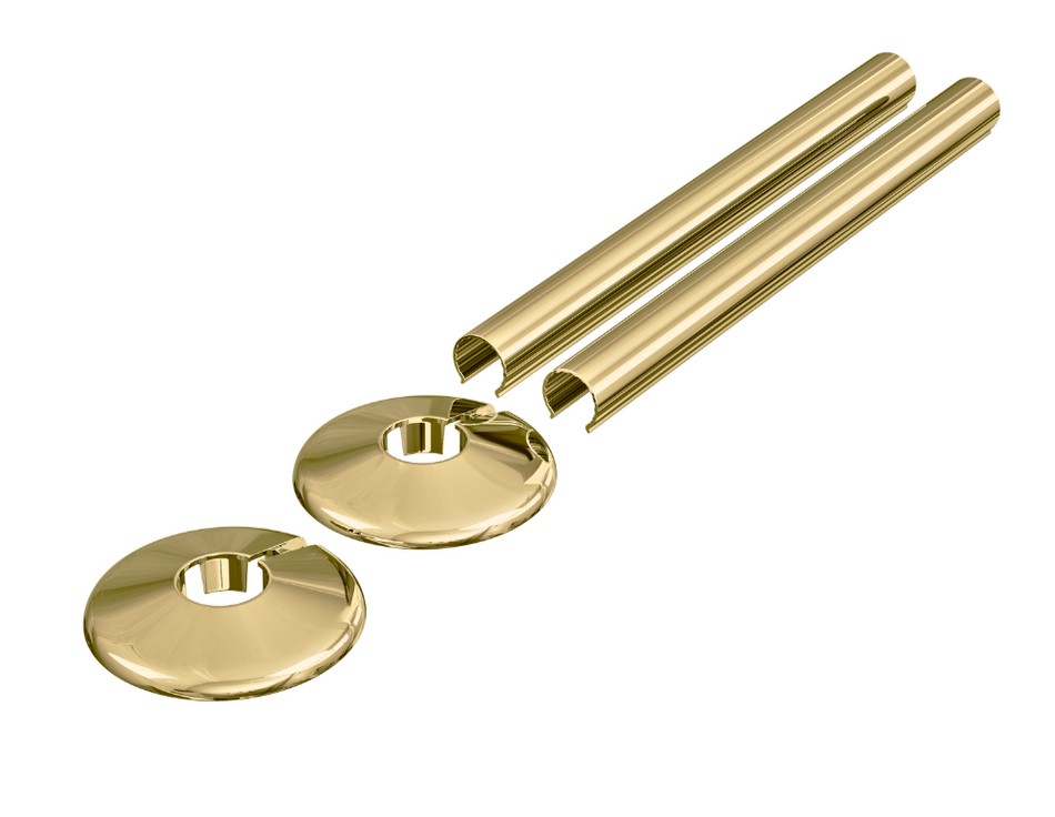Polished Brass Radiator Pipe Covers & Collars 15mm x 300mm Length | 2 Pack Clip-On Metal Pipe Sleeves for Radiator Pipes