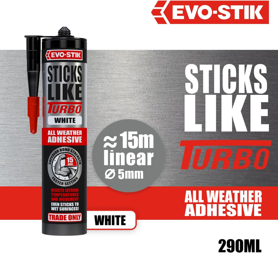 EVO-STIK Sticks Like Turbo Adhesive, All Weather, Fast Setting, Extreme Temperature & Movement Resistant, White, 290ml