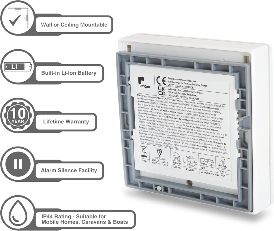 Honeywell R200C-1 CO Carbon Monoxide Detector 10 Year Battery CO2 Alarm R200 for Home Caravan Mobile Homes Boats