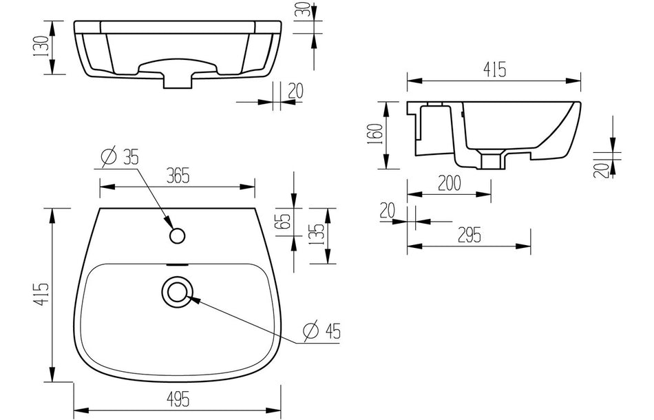 Emeris 495x415mm 1TH Semi Recessed Basin
