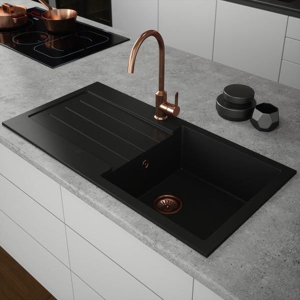 Kitchen Sink Single Bowl With Drainer & Strainer Waste (Matt Black)