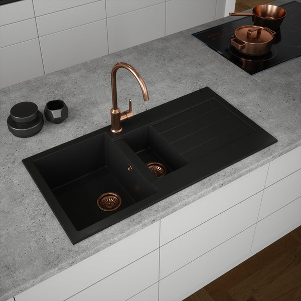 Kitchen Sink 1.5 Bowl and Drainer Left or Right Handed with Wastes and Overflows (Matt Black)