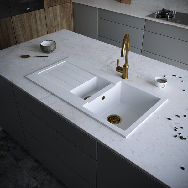 Kitchen Sink 1.5 Bowl and Drainer Left or Right Handed with Wastes and Overflows (Matt White)