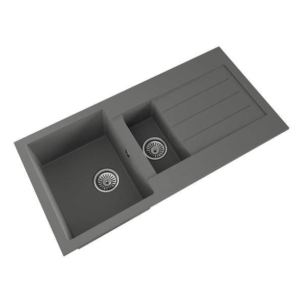 Kitchen Sink 1.5 Bowl and Drainer Left or Right Handed with Wastes and Overflows (Grey)