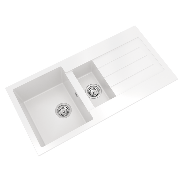 Kitchen Sink 1.5 Bowl and Drainer Left or Right Handed with Wastes and Overflows (Matt White)