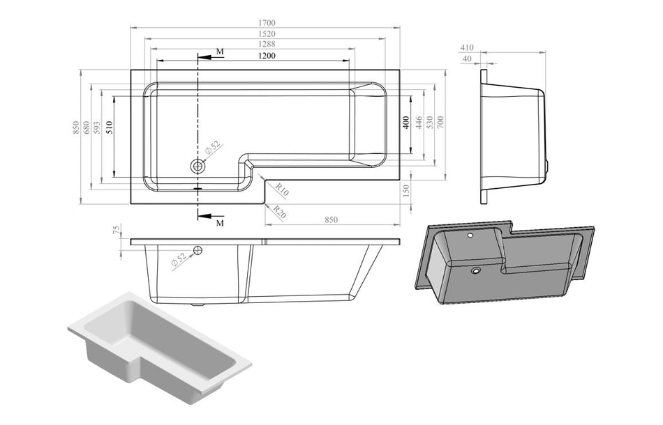 L-Shape Single End 1700x700-850x410mm 0TH Bath Only
