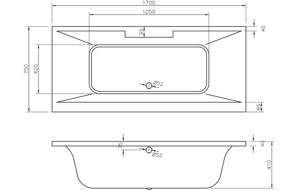 Malone Deluxe Square Double End 1700x750x550mm 0TH Bath w/Legs
