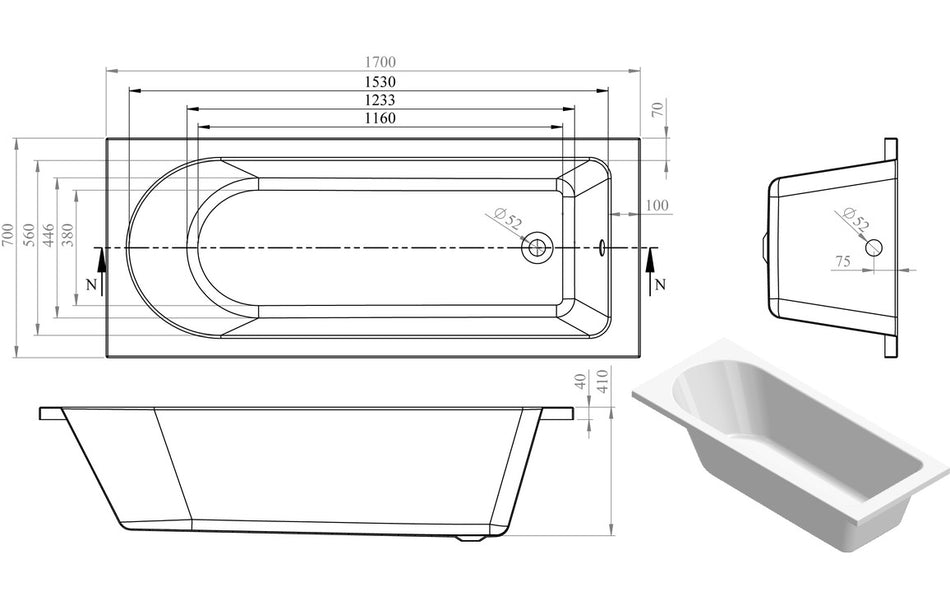 Miami Round Single End 1700x700x550mm 0TH Bath w/Legs