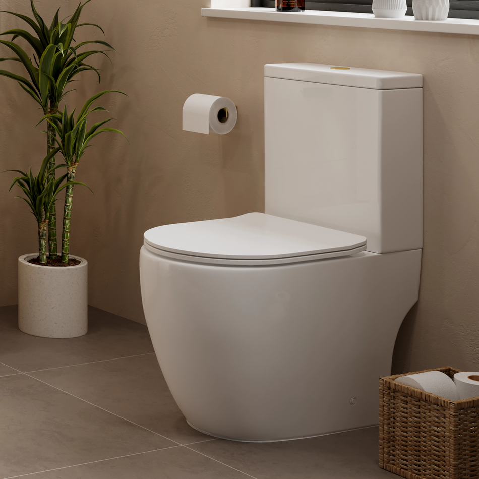 Close Coupled WC - Easy Clean Rimless Pan with Quick Release Soft Close Seat & Chrome Hinges