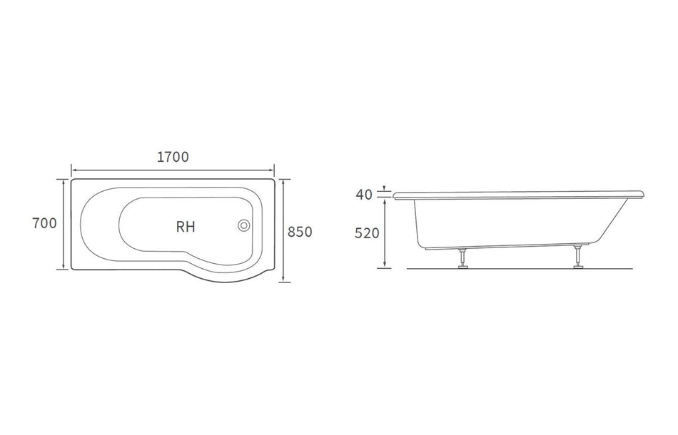 Aoera P Shape 1700x850x560mm 0TH Shower Bath Pack