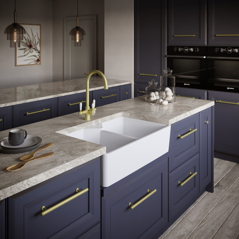Ellsi Double Bowl White Belfast Comite Kitchen Sink with Waste and Overflow