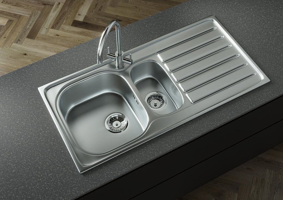 Inset 1.5 Bowl Stainless Steel Kitchen Sink with Waste and Overflow 1000mm L x 500mm W - Matt Satin