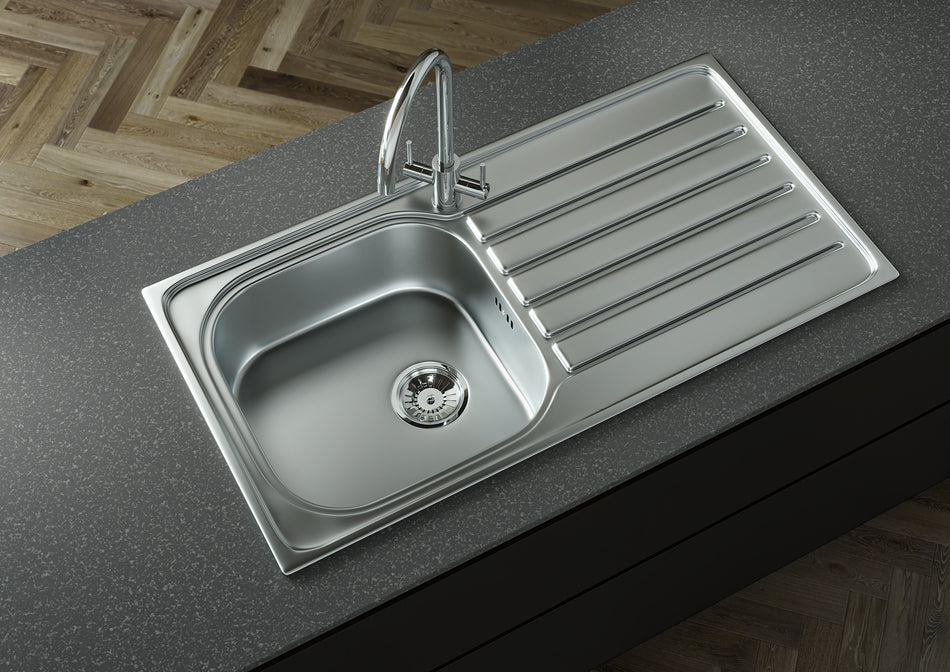 Inset 1.0 Bowl Stainless Steel Kitchen Sink with Waste and Overflow 965mm L x 500mm W - Matt Satin