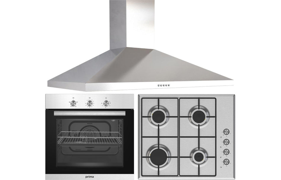 Prima Oven, Gas Hob & Chimney Hood Pack - Stainless Steel