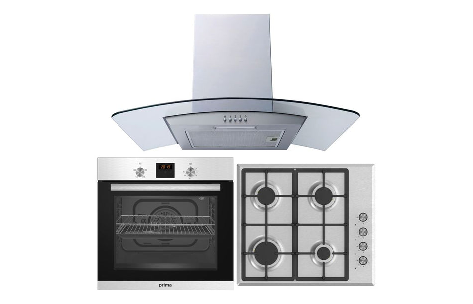 Prima Oven, Gas Hob & Curved Glass Chimney Hood Pack - Stainless Steel