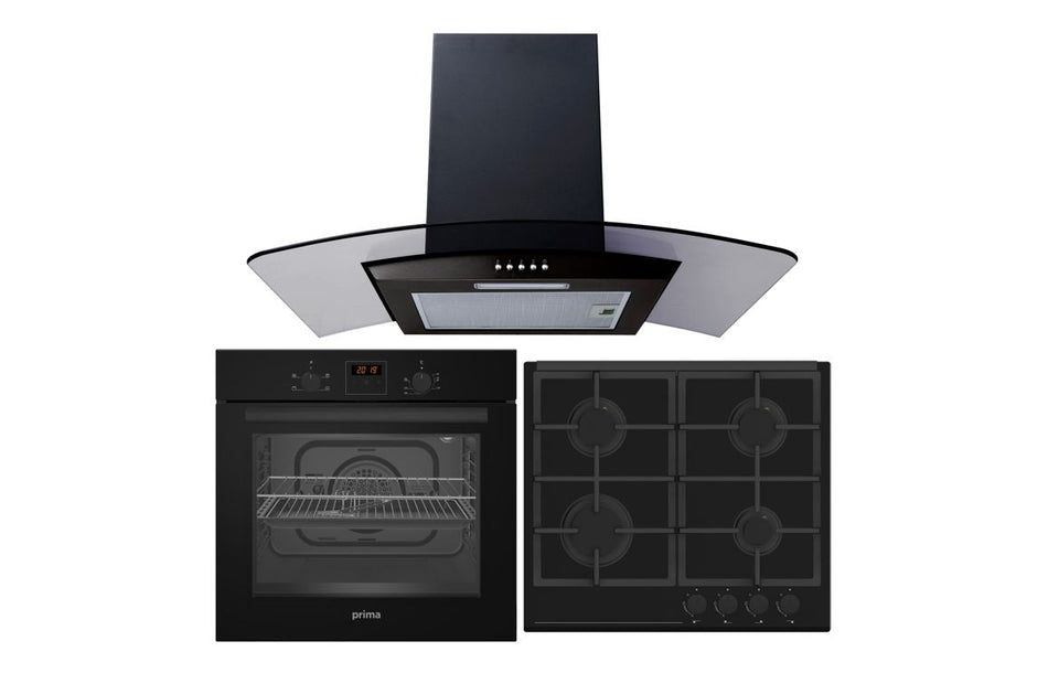 Prima Oven, Gas Hob & Curved Glass Chimney Hood Pack - Black