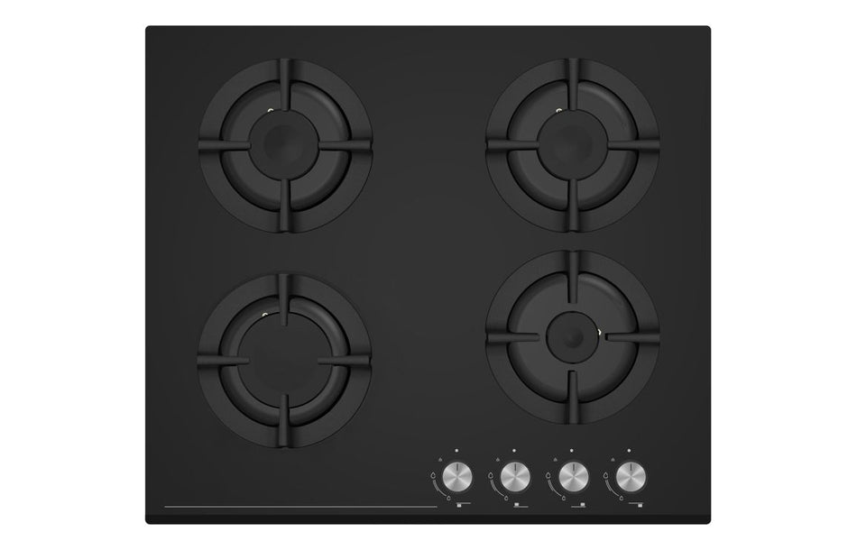 Prima 60cm Gas on Glass Hob – Black Glass, 4 Burner Built-In Hob with Cast Iron Pan Supports & Automatic Ignition