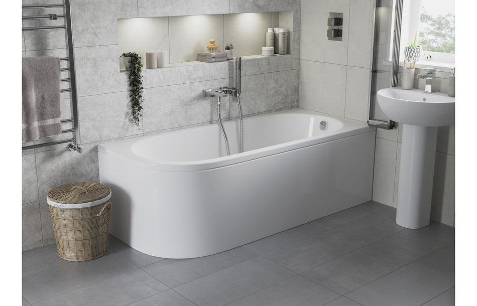 J Shape 0TH Back to Wall Corner Bath with Legs – 725mm Wide, Modern Acrylic Design