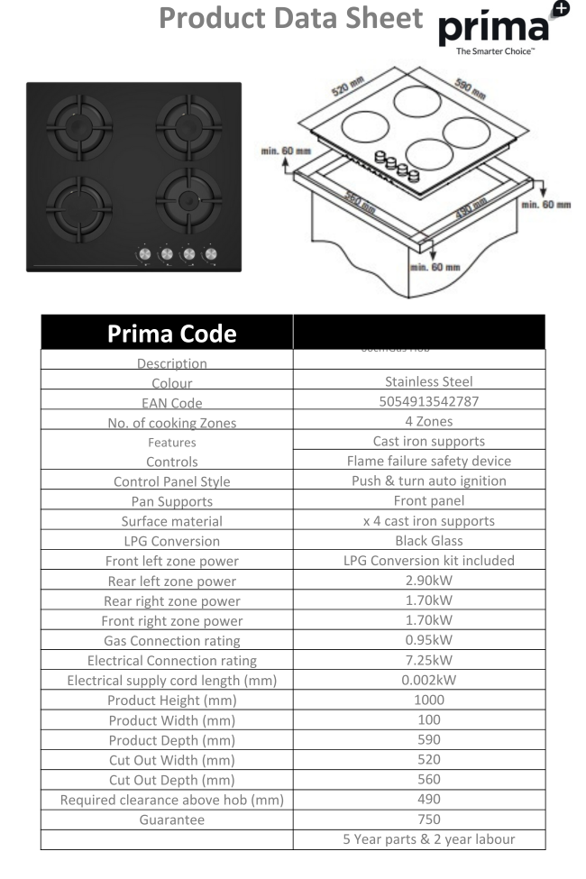 Prima 60cm Gas on Glass Hob – Black Glass, 4 Burner Built-In Hob with Cast Iron Pan Supports & Automatic Ignition