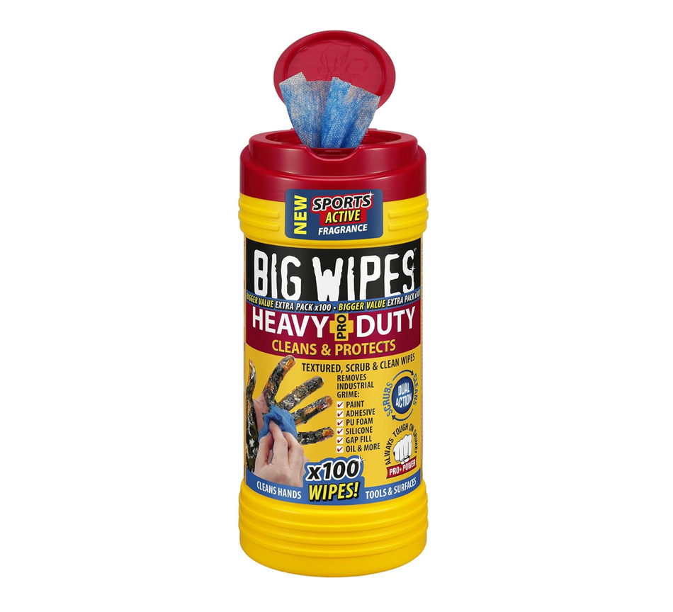 Heavy Duty Pro+ Wipes in Dispenser Tub (x100) Textured Dual-Sided Hand Wipes with Skincare Cleans Hands, Tools & Surfaces