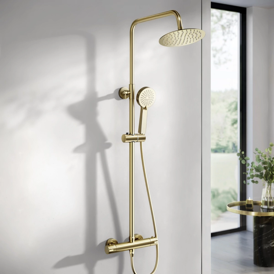 Brushed Brass Thermostatic Shower Mixer - SQUARE TWIN SHOWER HEAD - BRUSHED BRASS