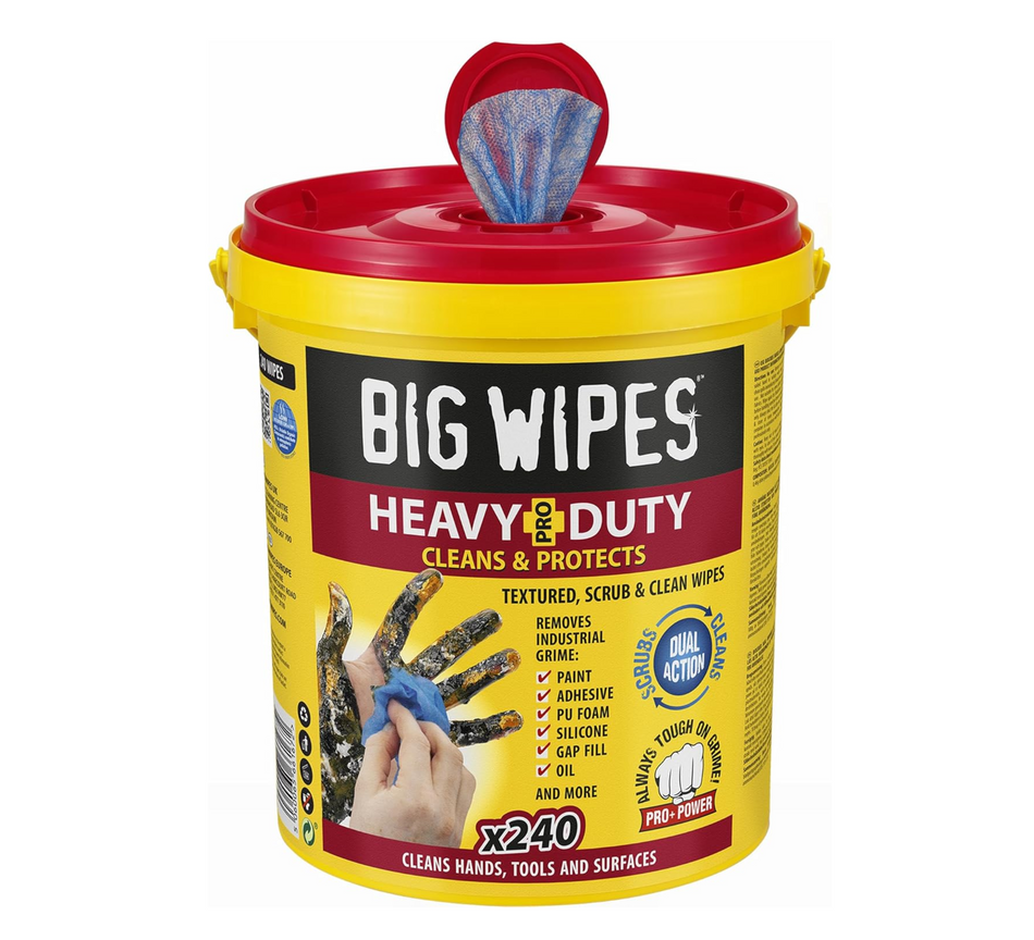 Big Wipes Heavy Duty Pro+ Wipes in Bucket (x240) Textured Dual-Sided Hand Wipes with Skincare Cleans Hands, Tools & Surfaces