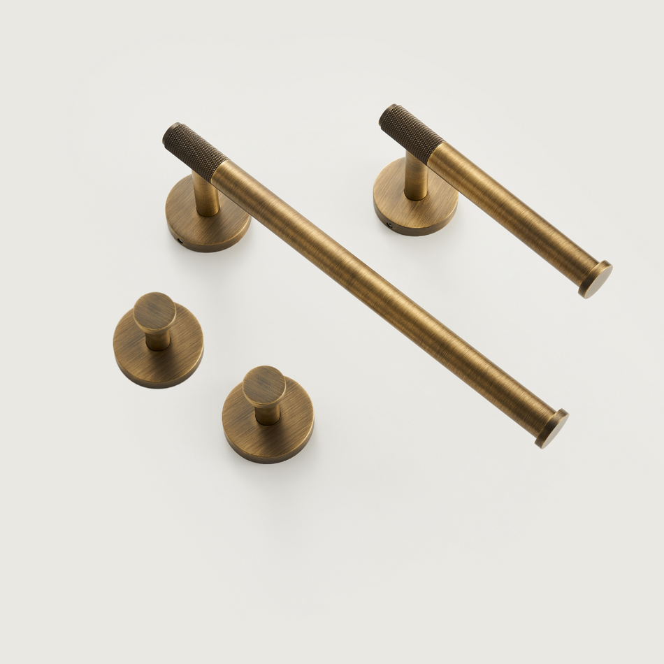 Luxury Bathroom Accessories Set, Toilet Roll Holder, Towel Ring, & Hooks in Elegant Brushed Brass Finish