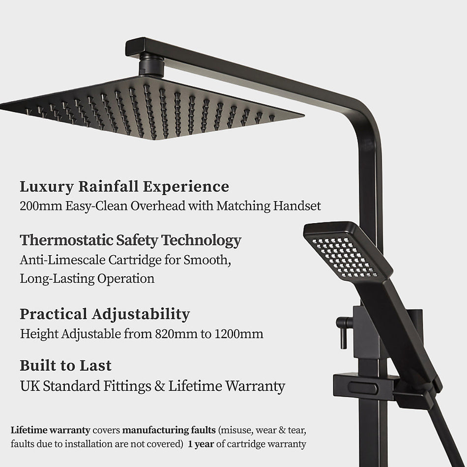 Highlife Thermostatic Matt Black Shower Mixer with Rain Head & Handset, Dual Outlet, Anti Limescale Long Warranty Brass Body