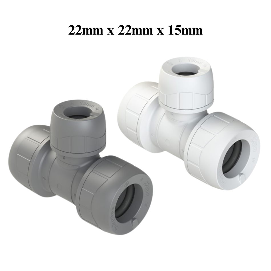 Polypipe Polyplumb PB1122 – 22mm x 22mm x 15mm Brass Tee Push-Fit Fitting (Pack of 5)